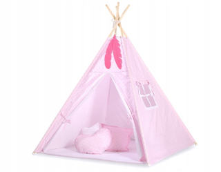 TIPI stan pre deti + karimatka + prívesky z peria - Biele bodky na ružovej